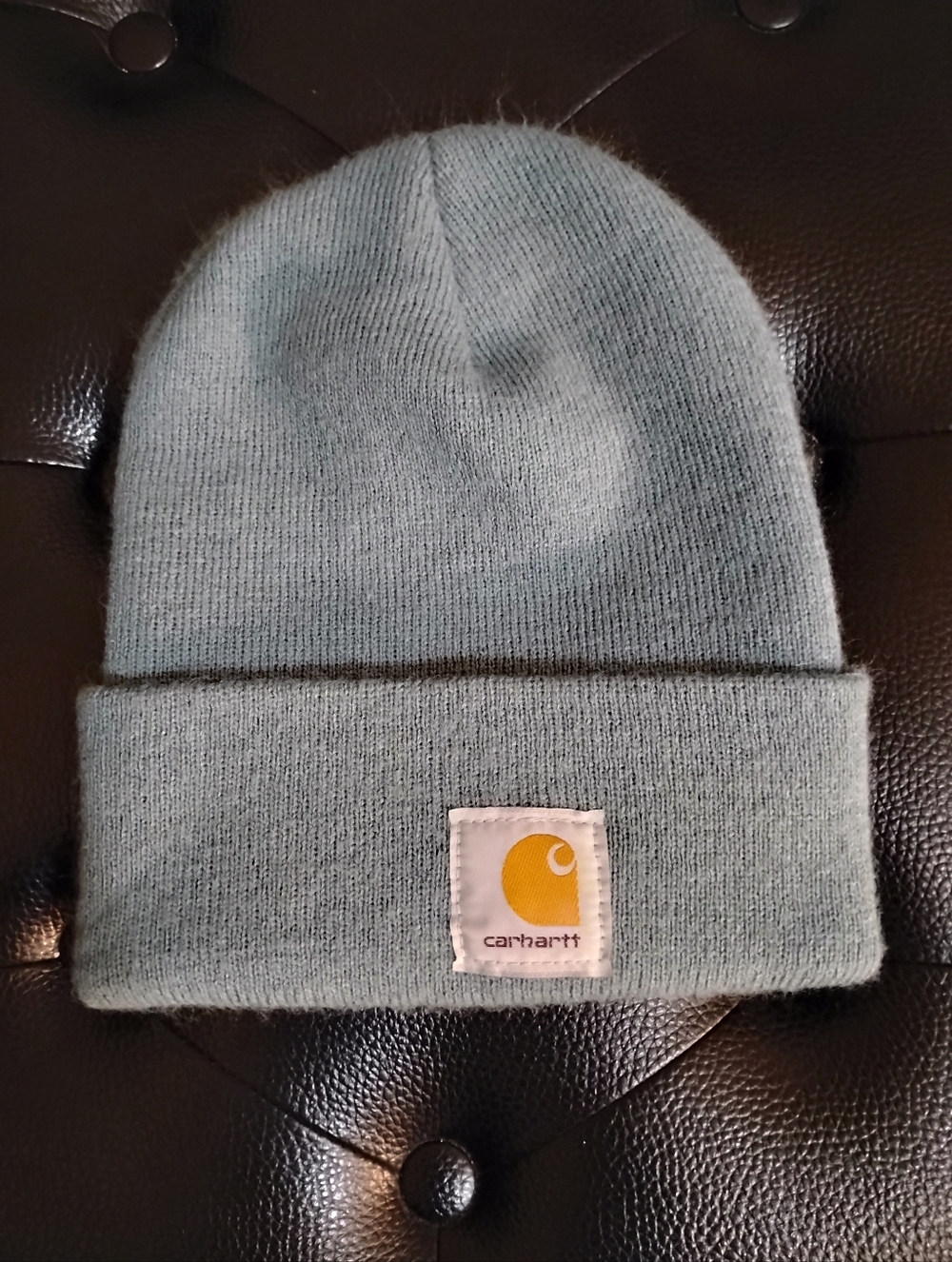 Carhartt Heather Blue Cuffed Beanie with Yellow Logo Patch 109% Acrylic OS U.S.A